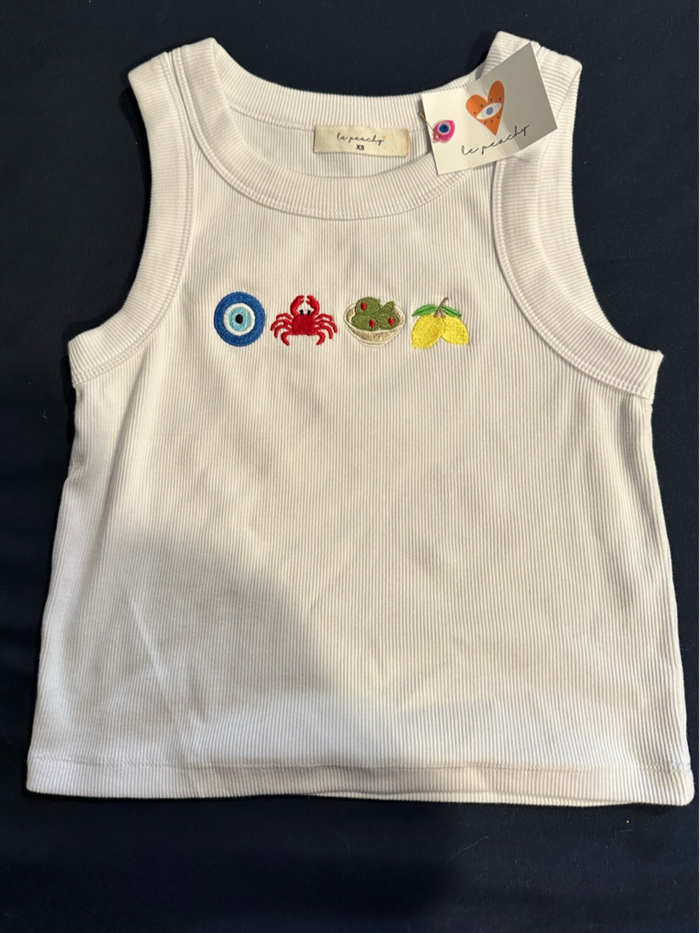 Fun summer Cream Ribbed Tank Top with Colorful Embroidered Icons
